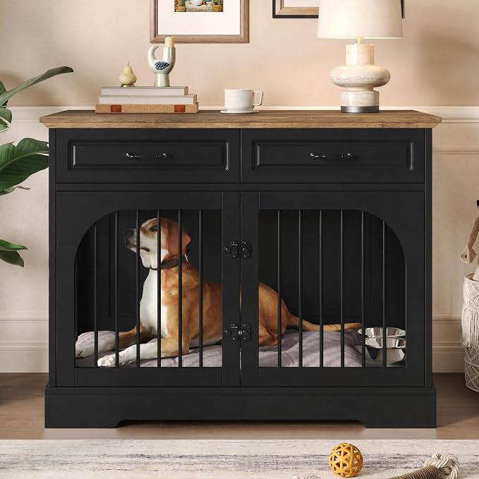 Merax 43.3" Farmhouse Dog Crate Furniture with Rotating Bowls & Drawers – Wooden Indoor Pet Kennel Side Table with Metal Bars – Stylish Dog House for Medium to Large Breeds, Black & Brown
