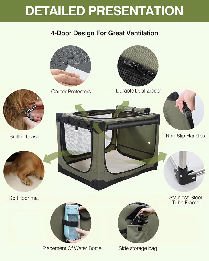 33 x 25 x 25 Inch Collapsible Soft Dog Crate for Dogs Up to 70 lbs, Portable Travel Pet Kennel with 4 Zip Doors, Foldable Indoor Outdoor Crate with Mat, Carry Bag, Green