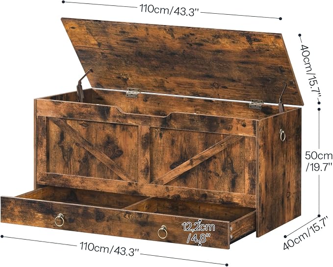 HOOBRO Storage Chest, 43.3" Toy Chest with Drawer, Wooden Storage Bench, Sturdy Entryway Bench Supports 220 lb, Shoe Bench, Safety Hinge, U-Shaped Opening, Easy Assembly, Rustic Brown FG711CW01G2