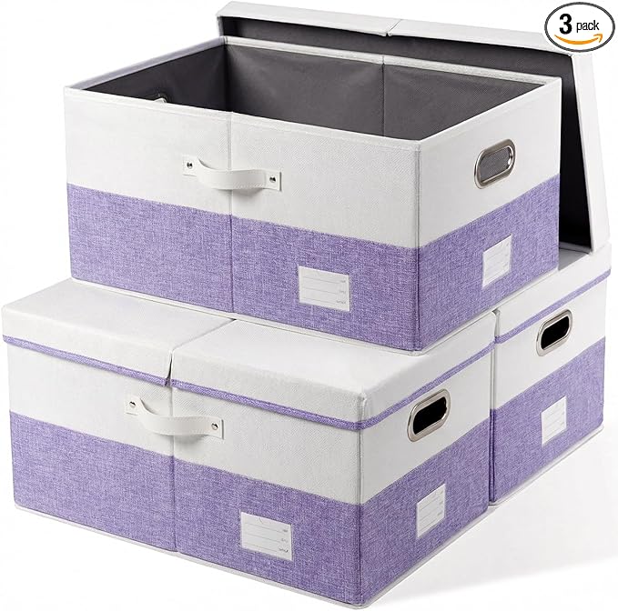 Storage Bins with Lids [3-Pack] Linen Fabric Foldable Storage Boxes Organizer Containers Baskets Cube with Cover for Bedroom Closet Office White&Purple (23.4X15.9X11.4)