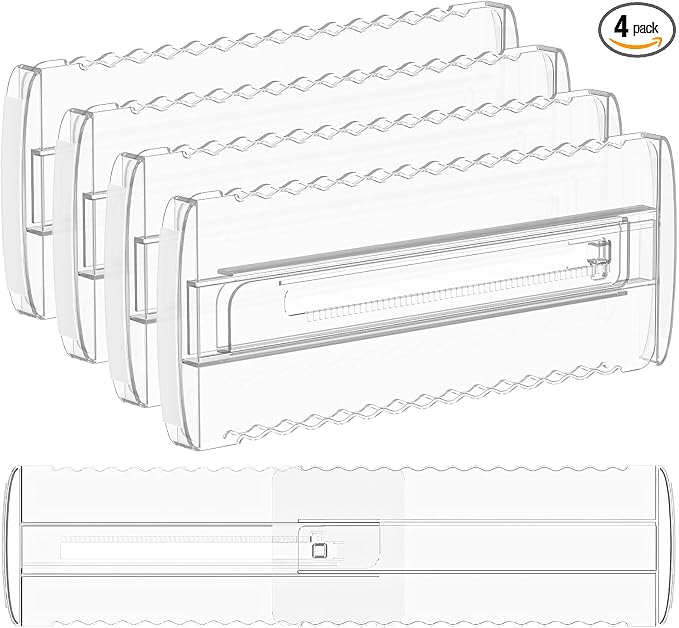 4 Pack 2.36" High Shallow Drawer Dividers, 12.5"-21.3" Expandable | Adjustable Kitchen Drawer Organizer, Clear Plastic Separator for Utensils, Flatware, Cutlery, Socks & Underwear Storage