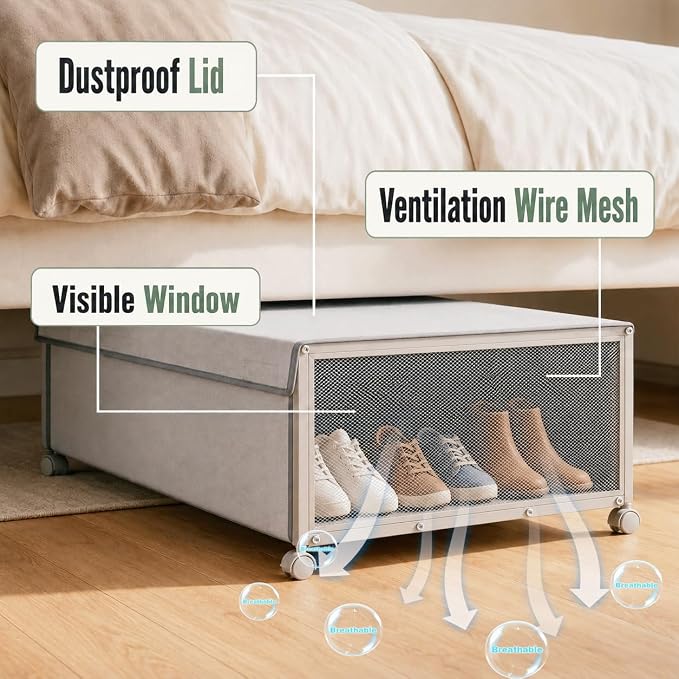 Fokyfok 2Pack Under Bed Storage Containers,10 inch Height,31 inch Long | Under Bed Shoe Storage,Underbed Storage with Wheels,Large Rolling under bed Clothes Storage Drawers,Lid,Dorm Tall,Grey