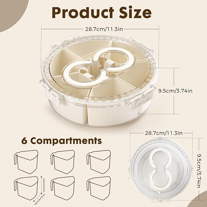 Divided Snack Serving Tray with Lid and Handle，Snackle Box Container for Fruits Candy Organizer，Portable Spinning Rounded Veggie Tray for Kitchen, Party, Trave and Picnic