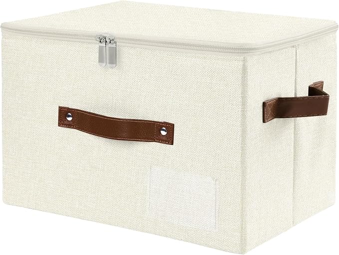 ANMINY Storage Box Fabric Bins with Zipper Lid, 15"x10"x10" Beige | Keepsake Box, Decorative, Cotton Linen, Reinforced PP Board Frame, Washable, Stackable & Foldable, Label Holder & PU Handles