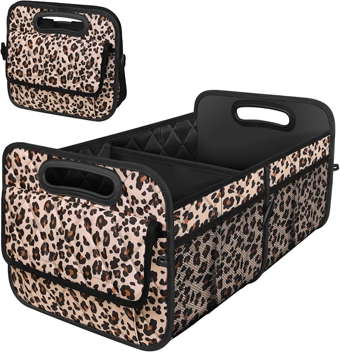 Deosk Trunk Organizer and Storage with Reinforced Handles,Car Accessories for Women/Men 50L Waterproof Polyester Trunk Organzier for Car/SUV/Minivan/Truck(Medium,Leopard print)