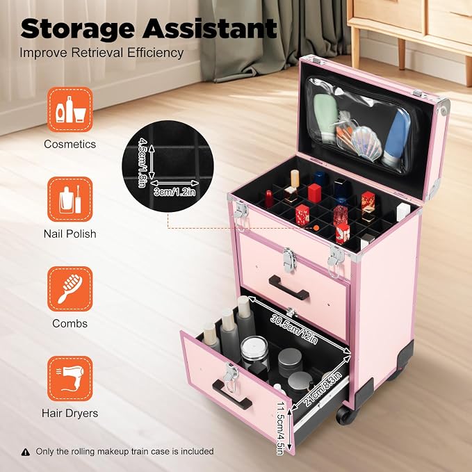 Professional Rolling Makeup Train Case, Large Cosmetic Trolley with Three-Gear Telescopic Pull Rod for Hairdressers, Pet Beauticians Bearing Capacity 110.23 Lbs 22.4 x 14.2 x 9.1 Inch Pink