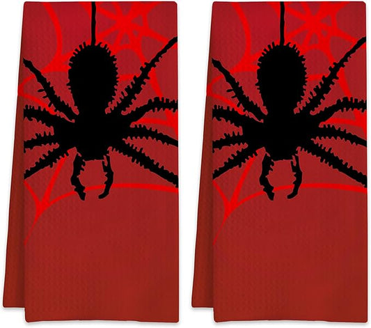 Red Spider and Spider Web Hand Towels,Set of 2 Absorbent Bath Towel Kitchen Dish Towel Home Gym Hotel Bathroom Decor,16x24 Inches
