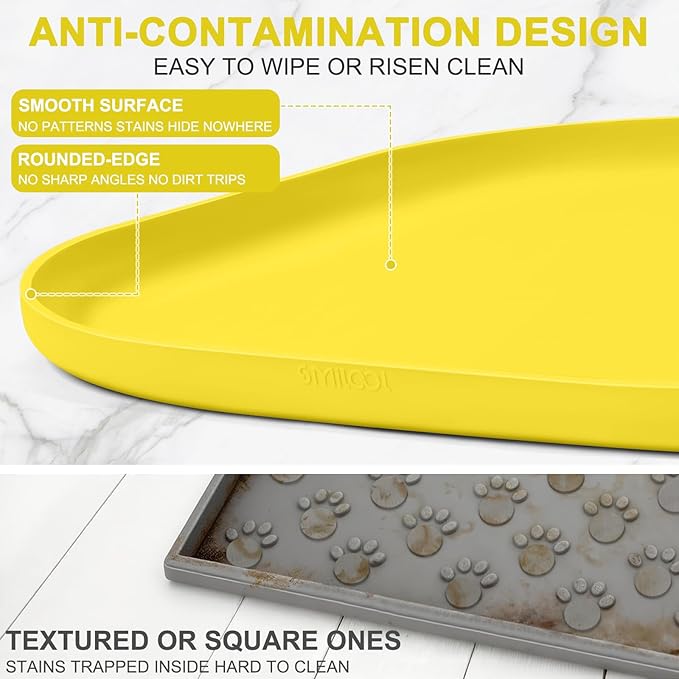 Smilool Silicone Pet Food Mat with Raised Edge for Food and Water Bowl, Dog Feeding Mats, Cat Food Trays for Floor Waterproof, Rubber Tray for Dogs and Cats, 22 x 14 x 0.8 Light Yellow