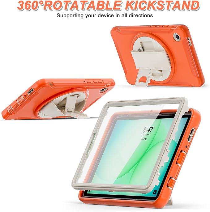 for Samsung Galaxy Tab A11 (2025) 8.7 inch Case 5G with Screen Protector, Hand Strap, Pen Holder & 360° Rotating Stand,Shockproof Protective Cover for SM-X130/X133/X135 (Orange)