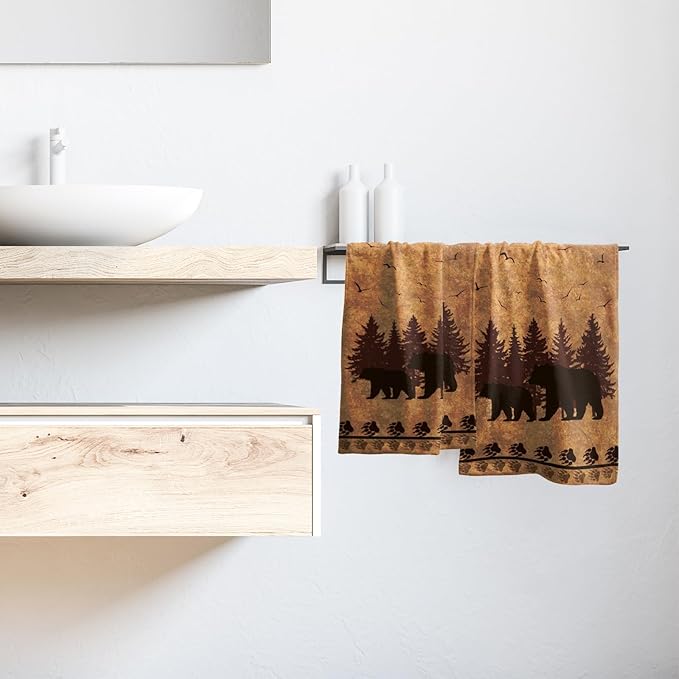 Giwawa Rustic Bear Hand Towels- Retro Brown Bear Animal Paw Print Decorative Towel Set of 2- Antique Country Style Wildlife Face Towel Absorbent Washcloth for Hotel Bathroom Gym Guest Cabin