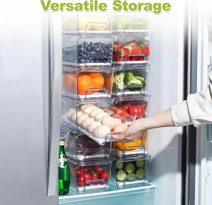 Fruit Storage Container for Fridge with Pull-Out Drawer, Drain Layer | 3 Pack, Keeps Fruits and Vegetables Fresh & Dry, Stackable Design, Clear View, Helps Reduce Odors, with Anti-Slip Base