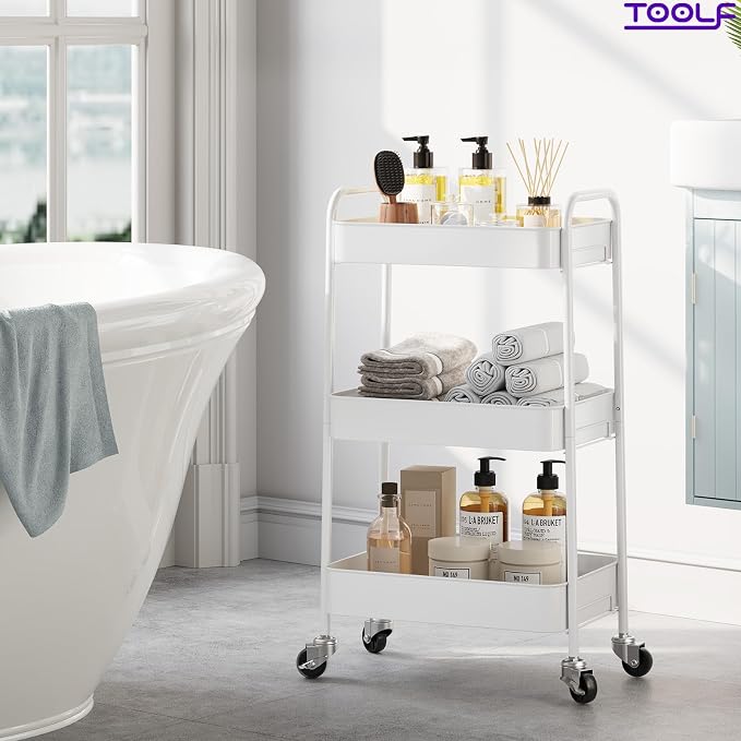 TOOLF 3 Tier Metal Rolling Cart, Utility Storage Cart with Wheels, White | Screwless Assembly, Lockable Metal Wheels, Trolley Organizer for Bathroom, Kitchen, Office, Dorm, Laundry, Craft Room