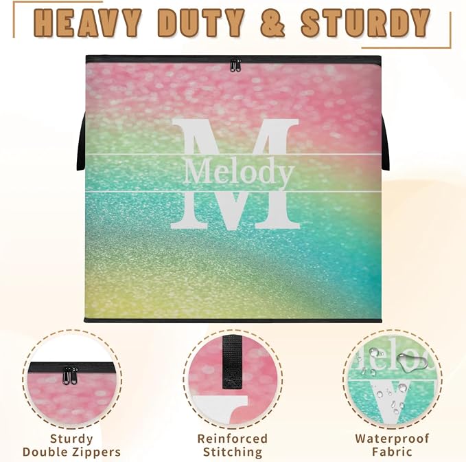 Personalized Storage Bags Large Organization Storage Containers for Comforters, Bedding, Blanket Foldable Organizer with Reinforced Handle, Colorful Pink Yellow Blue Glittering with Initial Letter