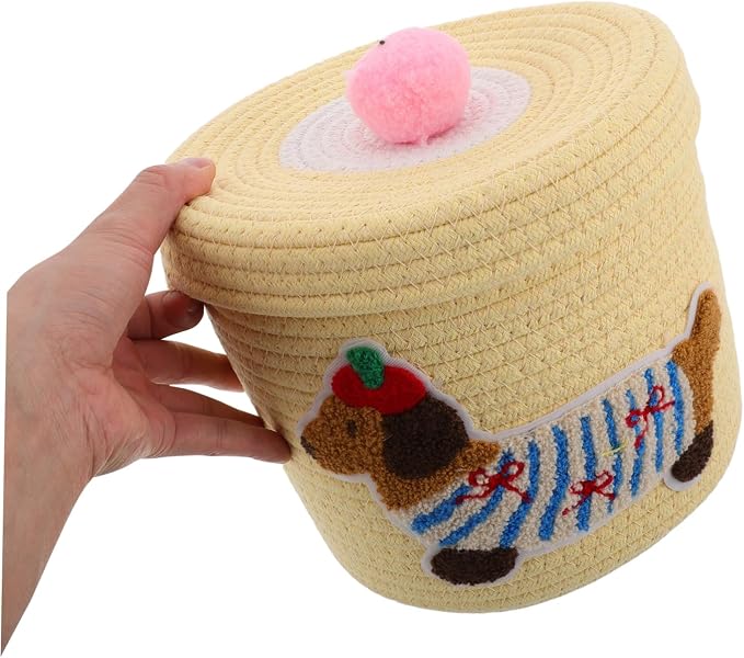 Cute Dog Storage Basket with Lid Woven Cotton Rope Organizer for Car Nursery and Pet Toys Generous Capacity Dust Protection Adorable Design Yellow Dachshund