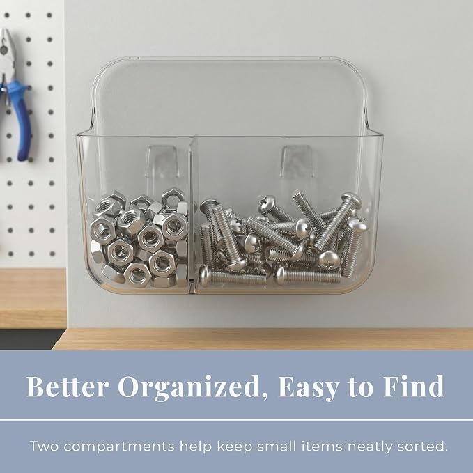 Adhesive Wall Organizer Bin, 2 Compartments, No-Drill, Clear | BPA-Free PET, Detachable, Divided Storage for Easy Sorting and Wet and Dry Separation, Drain Holes in Both Sections