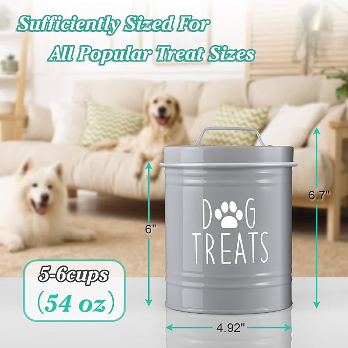 OUTNILI Small Dog Treat Container Airtight - 6" Tall X 4.9" Round Gray Dog Treat Jar for Kitchen Counter - Rustic Treat Storage Canister for Dogs, Cats, Small Animals - Gifts for Pet Owners