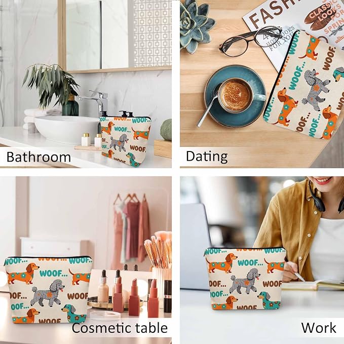 Woman Makeup Bag Dog, Funny Puppy Woof Dogs Makeup Bags Travel Cosmetic Bags Toiletry Makeup Organizer Pencil Pouch Make Up Cosmetic Bag For Owners Lady Birthday Gifts, Orange Blue
