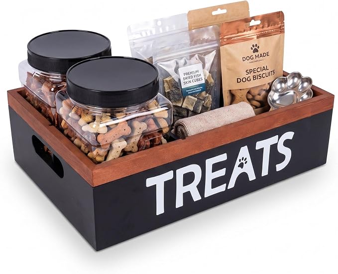 Pethiy Dog Treat Organizer Box with 2 Plastic Jars & Compartments | Wooden Pet Supplies Organizer for Countertop,Pet Treat Storage Box with Dividers pet treat storage with handle dog