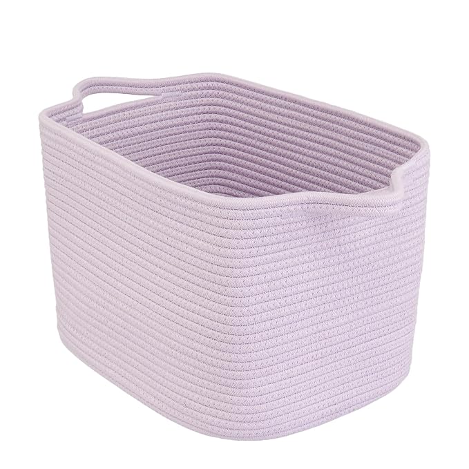 XUANGUO Woven Cotton Rope Storage Basket with Handles 13x10x9 inch Purple | Woven cotton rope basket for shelves and closets. Perfect for toys, books, clothes, nursery storage and gift baskets.