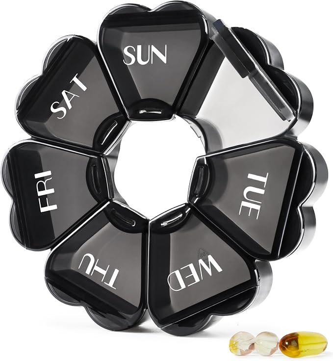 MOLN HYMY Large Pill Organizer 7 Day, Pretty Weekly Pill Box Case, Girly Medicine Dispenser Container for Vitamin, Gummy, Medication, Supplement (Black)