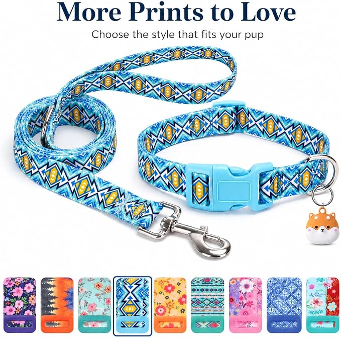 Matching Dog Collar and Leash Set with AirTag Holder-Blue Lattice/S | Anti-Lost,Adjustable Durable Pet Collar Leash Combo for Small Boy Girl Dogs,for Outdoor Walking Hiking Training Running