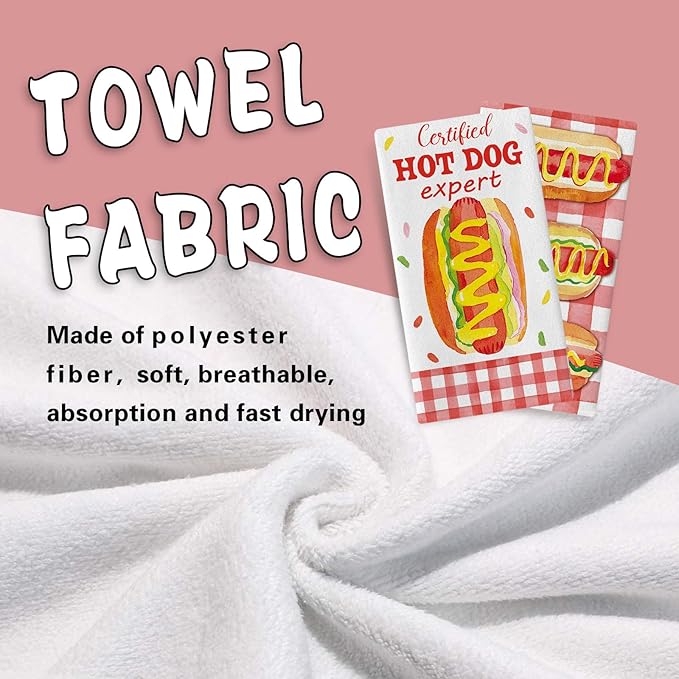 Certified Hot Dog Expert Kitchen Dish Towels Set of 2, Funny Fast Food Sausage Drying Hand Towel Baking Cooking Cloth, Red Plaid Farmhouse Home Decoration 18'' x 26''