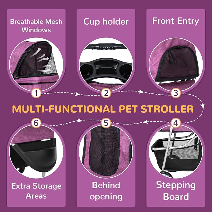 BLKMTY 3 Wheels Dog Stroller, Foldable Stroller for Cat, Dogs Waterproof Travel Carrier Strolling Cart for Puppy Small Dog Jogger Strollers W/Cup Holder & Storage Basket, Purple