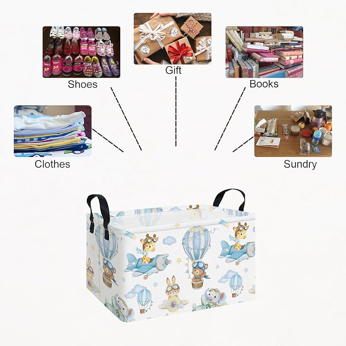 Rectangle Foldable Storage Basket Handles For Home, Airplane Animal | Waterproof canvas material, reinforced handles, perfect for shelf use, organizes clothes, daily items and pet supplies