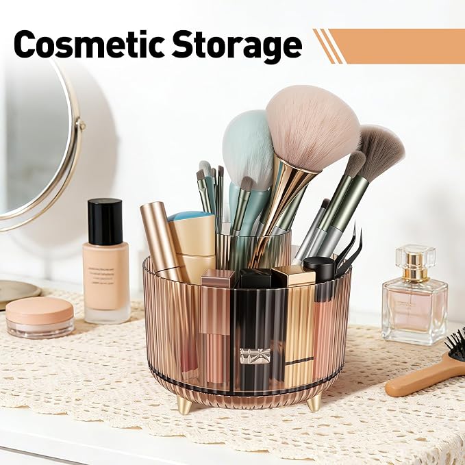 360 Rotating Pen Pencil Holder for Desk, Pen Organizer with 5 Slots | Makeup Brush Holder, Desk Organizer and Accessories, Cute Pencil Cup Caddy for Office School Home Decor Art Supply (Amber)