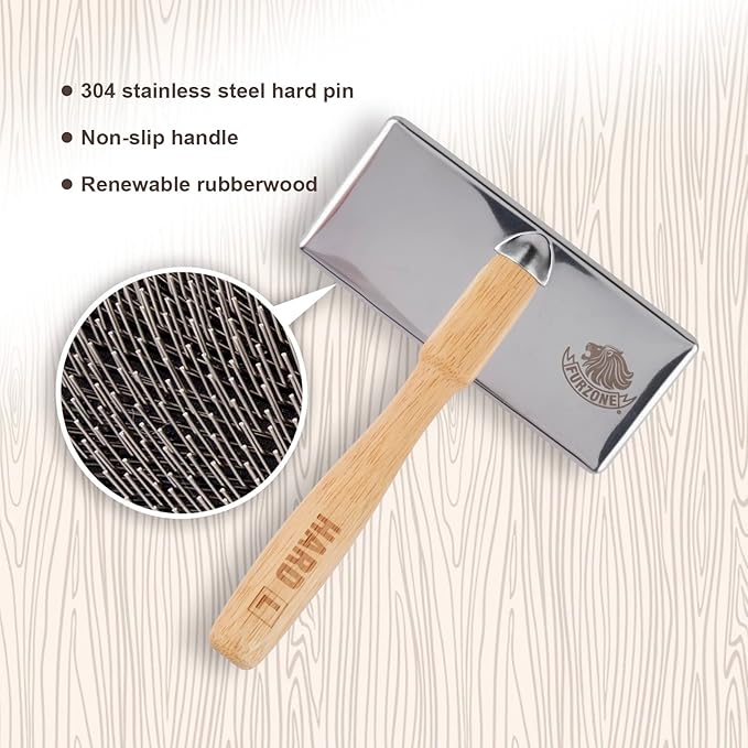Furzone Wooden Slicker Brush - Stainless Steel Hard Pins for Dogs (Size M)