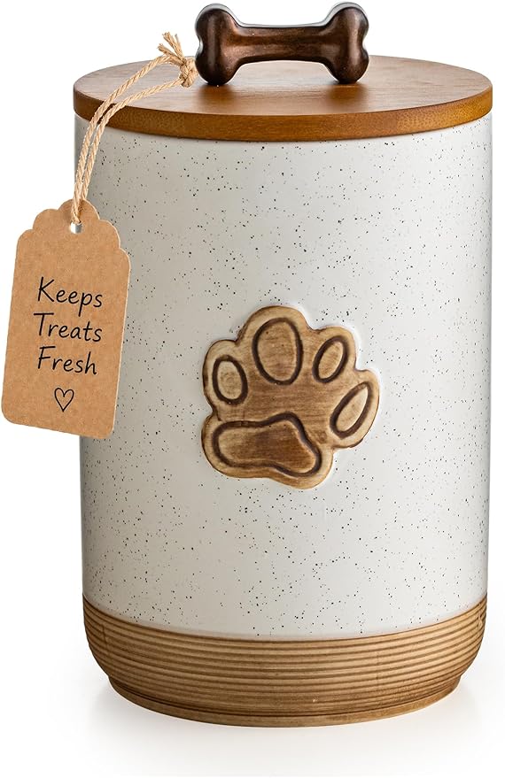 Miamolo Dog Treat Container with Lid, Airtight Dog Treat Jar for Countertop | 8 Cups Ceramic Small Dog Food Canister | Decorative Training Dog Cookie Jar with Handle | Premium Pet Gift, Paw Dotted White