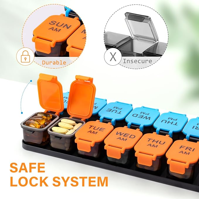 Yaklim Extra Large Weekly Pill Organizer, Detachable 7 Day AM PM Pill Box | XXL 14 Detachable AM PM Compartments；For Big Vitamins & Supplements； Easy to Open & Fill； Waterproof Seals； Easy Readability