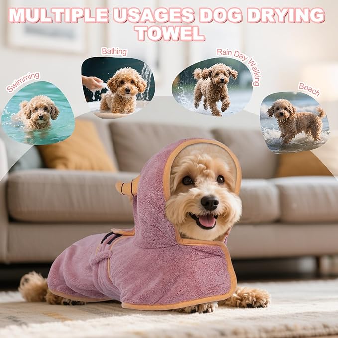 DENTRUN Dog Robes for After Bath - Super Absorbent & Fast Drying Coat with Hood, Puppy Bathrobe Beach Essentials, Bath Towels for Drying Dogs Small, Bath/Beach/Swimming Quick Dry Towel Robe