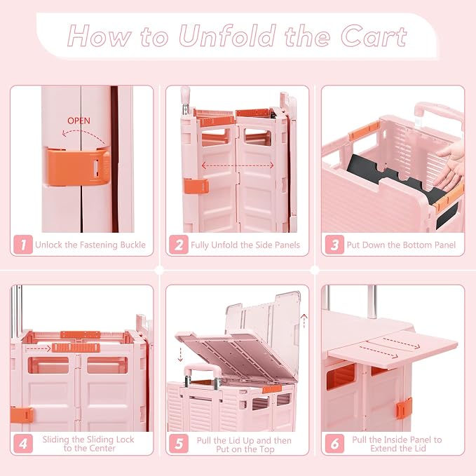 Foldable Utility Cart Rolling Crate Handcart Shopping Cart with Rotate Wheels Extended Magnetic Lid Telescoping Handle Adjustable Angle for Transports Groceries Office Teacher File(Pink)