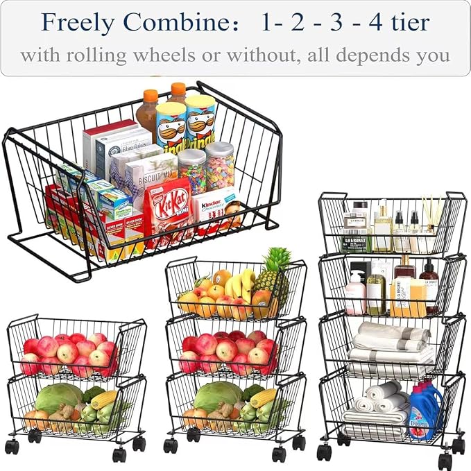 PUSDON 4-Tier Spacious Stackable Wire Storage Baskets with Wheels, Metal Rolling Utility Cart, Produce Basket for Pantry, Bathroom Organizer Shelf, Matte Black