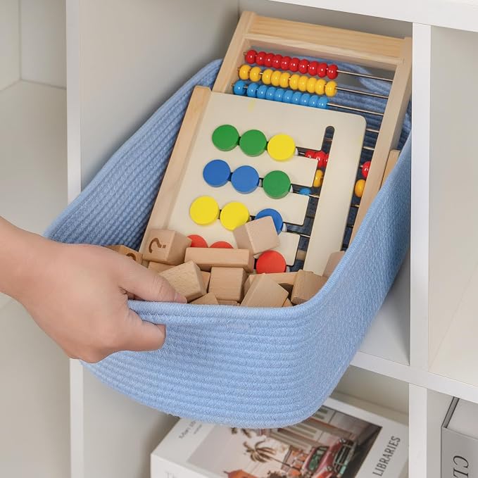 CubesLand Cube Storage Organizer Basket Bin, Cotton Rope Shelves Basket | Durable Woven Rectangular Shelf Basket for Organizing, Nursery Toys Basket, Blue Basket