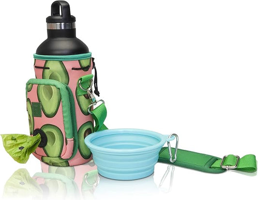 Made Easy Kit Water Bottle Carrier with Pocket for Dog Poop Waste Bags and Adjustable Padded Shoulder Strap (Large (32oz) with Bowl, Green/Pink, Avocado)