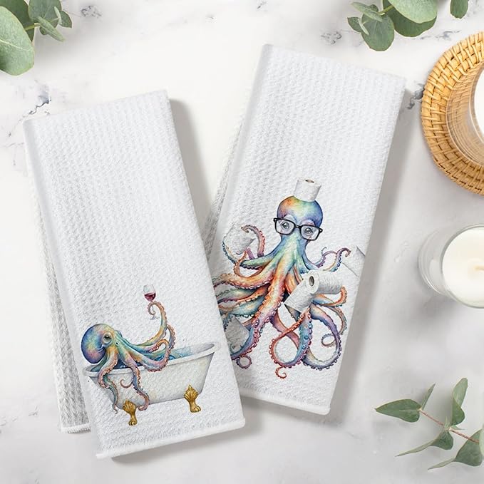2PCS Funny Octopus Bathroom Towels 24x14 Inch, Octopus Toilet Paper Reusable Durable Microfiber Dish Cloth Hand Towel, Waffle Weave Tea Towels for Bathroom Home Decor, Ocean Gifts for Women Friend