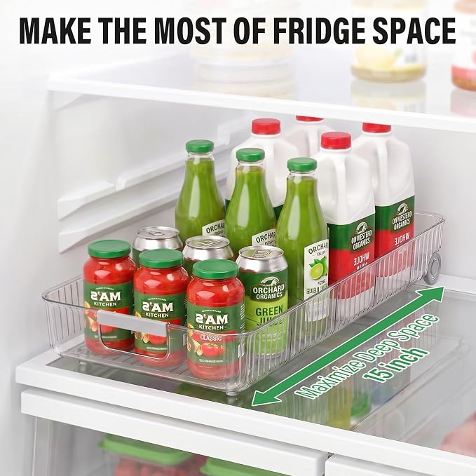 Pull Out Fridge Organizer Bins with Wheels, 8 Dividers, 2-Pack | Clear PET storage bins with handles, rear wheels and adjustable dividers for refrigerator, pantry and cabinet shelves