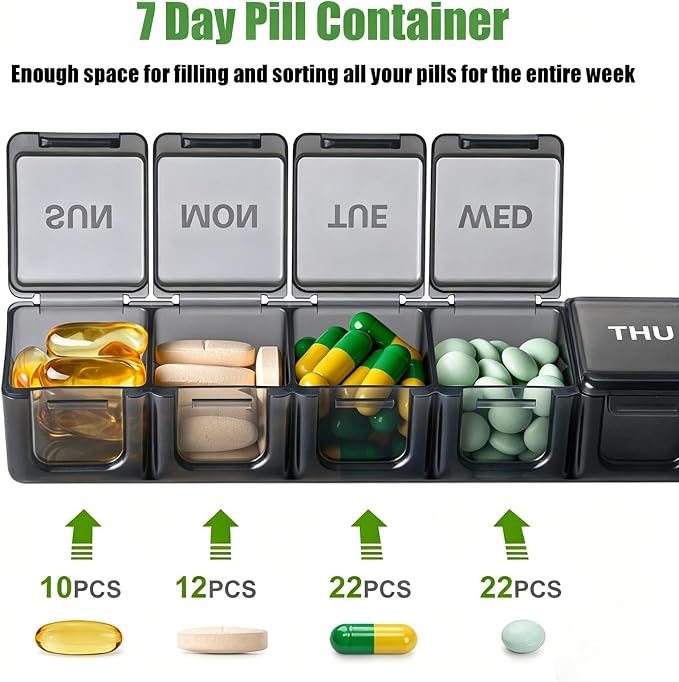 2 Pack Weekly Pill Organizer, Large 7 Day Pill Case, Daily Vitamin Case Medicine Box, AM/PM Pill Containers for Medicine Supplements Fish Oil（White & Black）