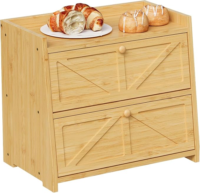 Trironsun Vintage Double Layer Bread Box for Kitchen Counter Bamboo Bread Storage Container Large Capacity Bread Storage Bin (Natural Bamboo)