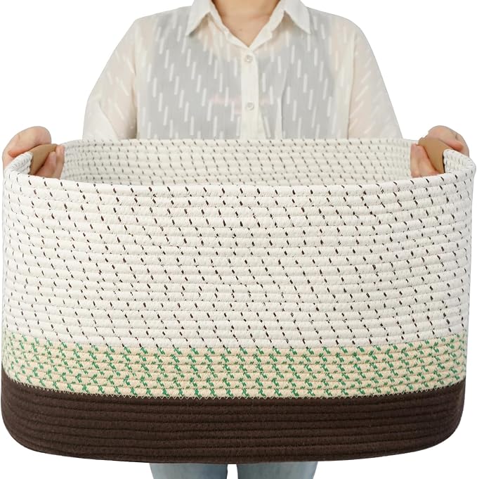 danpinera 108L Large Basket for Living Room, Nursery & Laundry, Kids Toy Basket Storage with Leather Handle, 25’’*16’’*16’’ White & Mottled Green