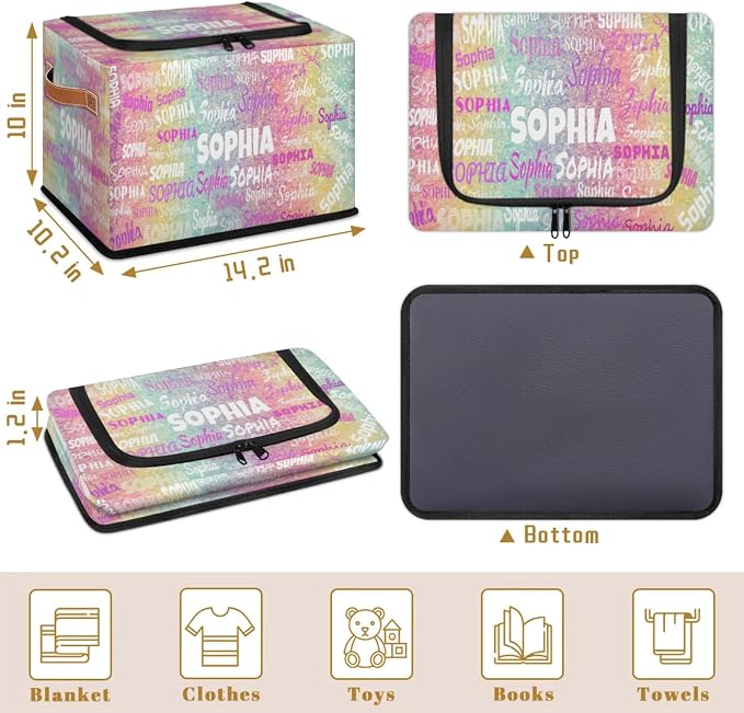 Personalized Storage Bins with Zipper Lid, Customized Name Storage Basket Rectangle Clothes Organizer for Kids and Pets Toys Shelf Closet, Colorful Bling Sequins Glitters Pink and Yellow