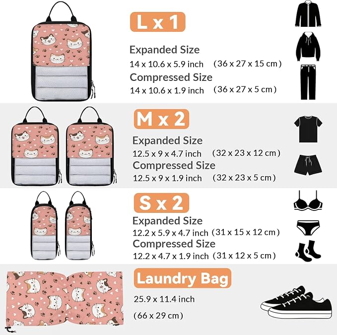 Cat Compression Packing Cubes Cat Paws Print 6 Set Travel Packing Cubes for Suitcases Lightweight Expandable Organizers