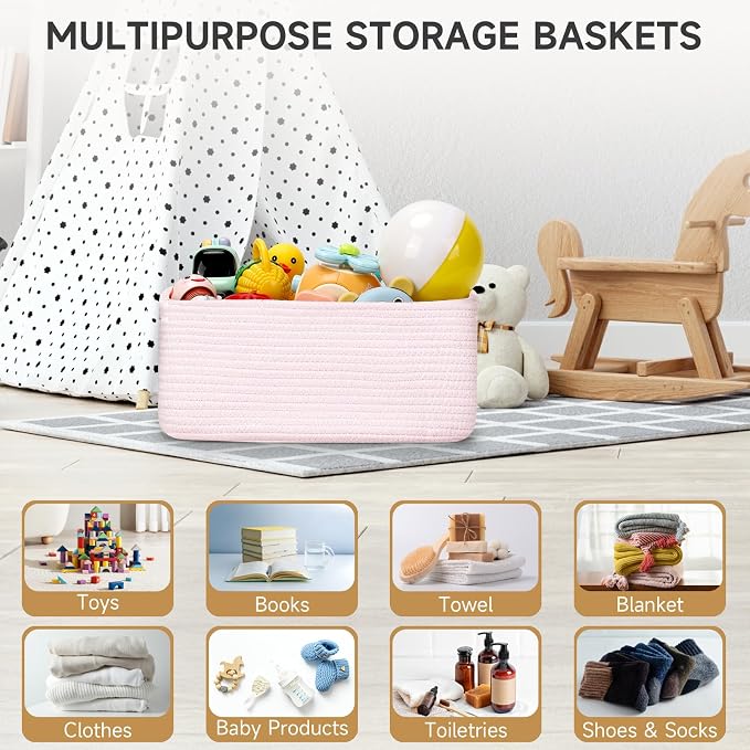 3 Pack Storage Baskets for Organizing, 13.7×9.5×6.3", Mixed Pink | Woven Baskets for Shelves, Cotton Rope Basket for Gifts Empty, Closet Organizer Bins with Handles, Cube Decorative Box