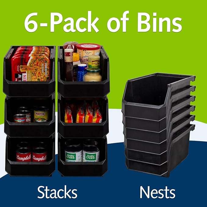 Akro-Mils ReadySpace Large Stackable Plastic Storage Bins, 6-Pack, Black | Open-Front Stackable Bins For Garage, Pantry, Closet & Office, 14,8"L X 8"W X 7"H, Nests When Empty, Durable Plastic,