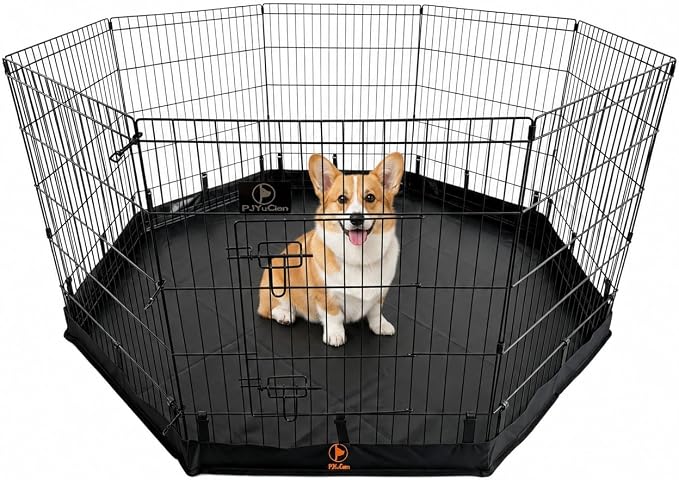 PJYuCien Puppy Playpen with Bottom Pad and Door, 8 Panels 30" H, Black | 24"W, Dual-function Pad, For Small Pets, Foldable Octagonal Pen, Versatile, Indoor & Outdoor, Backyard, Protects Floors