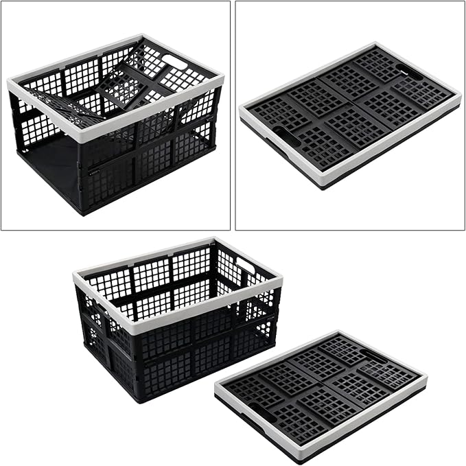 3-Pack Plastic Crates, 42L Foldable Baskets, Collapsible Crates | Stackable Storage Container, Baskets and Bins for Organizing Tools, Books, Food, Drinks, Camping, Shopping & Transport