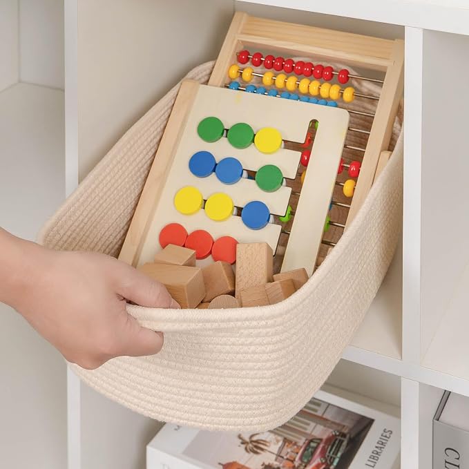 CubesLand Cute and Durable Small Cotton Rope Basket for Organizing | Woven Closet Storage Bin,Shelves Closet Storage Basket, Bathroom Storage Organizer Bin, Nursery Toy Basket Bin, Beige Basket