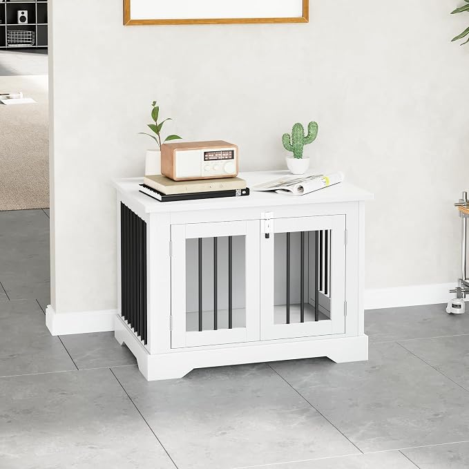 30" Wooden Dog Crate Furniture,Small Kennel Pet Cage End Table for Indoor | for Medium S XS Dogs, White, Fits Living Room Bedroom, Heavy Duty Steel Frame with Lock 25 lbs Cap, 100 lbs Top.
